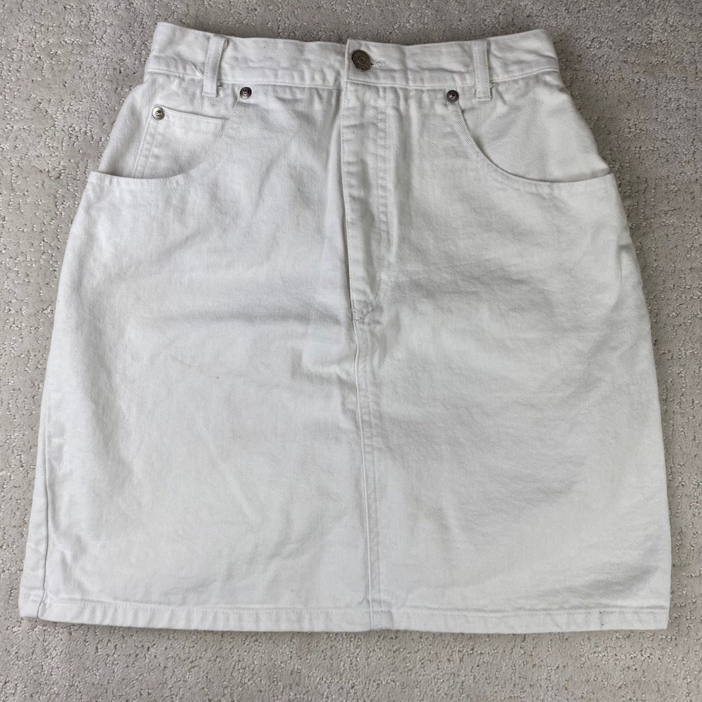 Mixed Blues Denim Skirt Womens 9 White Vintage 90s High Waist Made in USA Mini